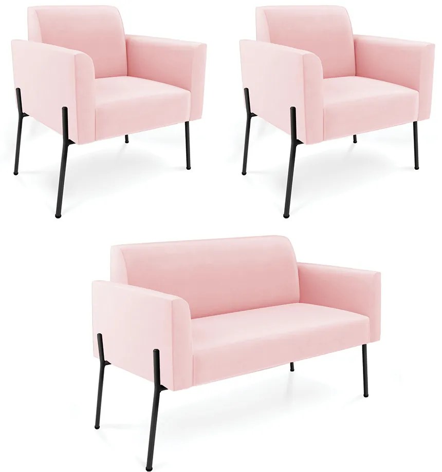 Sofá Namoradeira e 2 Poltronas Pé de Ferro Preto Marisa Suede Rosa Bebê