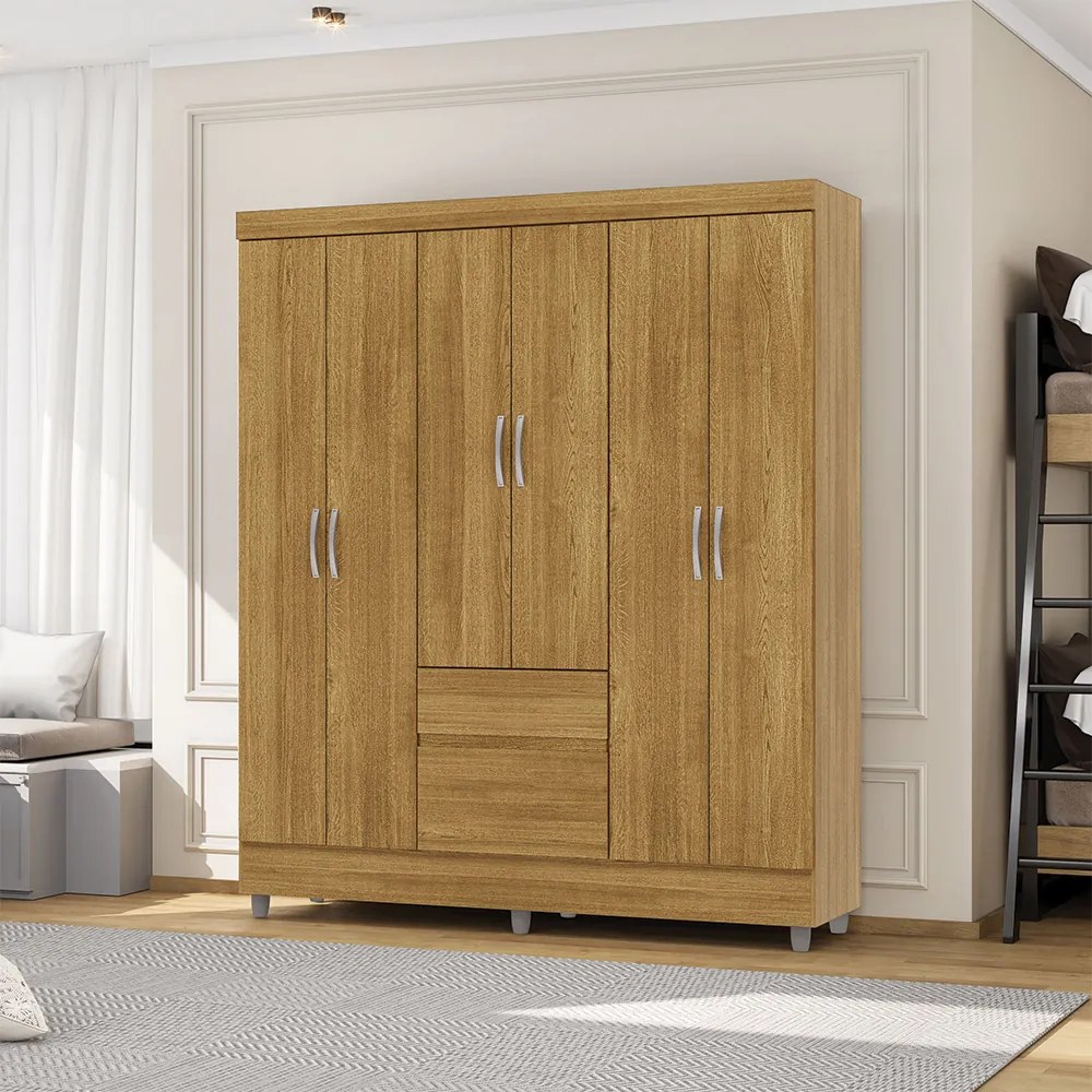Guarda Roupa Casal Abruzzo 6 Portas de Bater 2 Gavetas com Cabideiro Nature G98 - Gran Belo