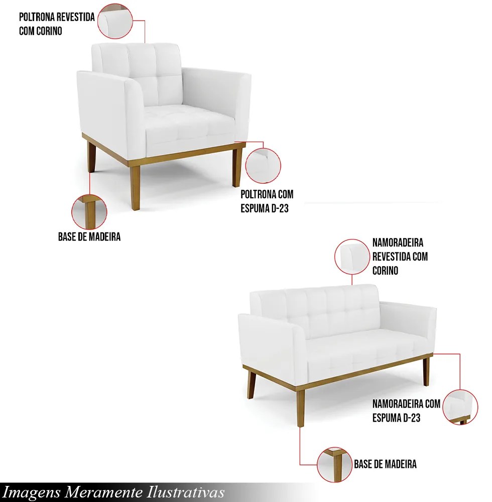 Conjunto 2 Poltronas e 1 Namoradeira Decorativa Karen Pés Fixo em Madeira Castanho PU Branco G19 - Gran Belo