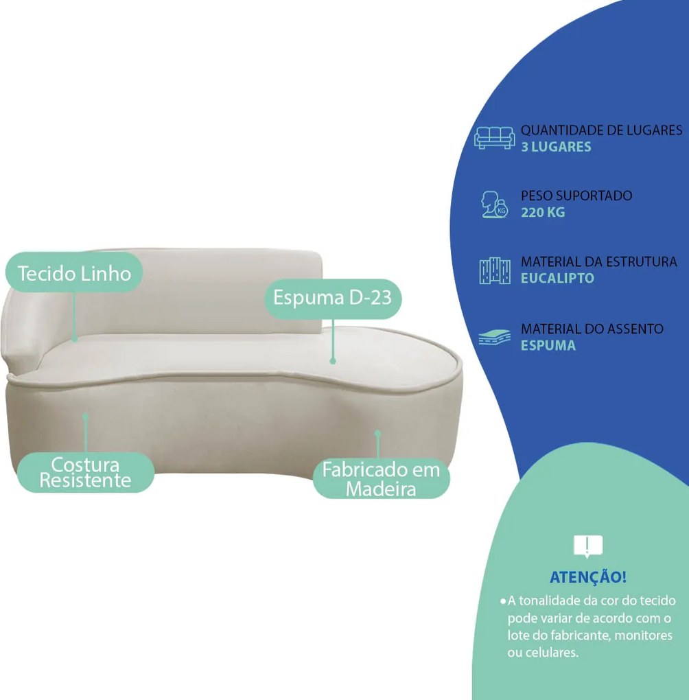 Divã Recamier Curvo Sala de Estar Recepção Marrocos 200cm Lado Direito Linho