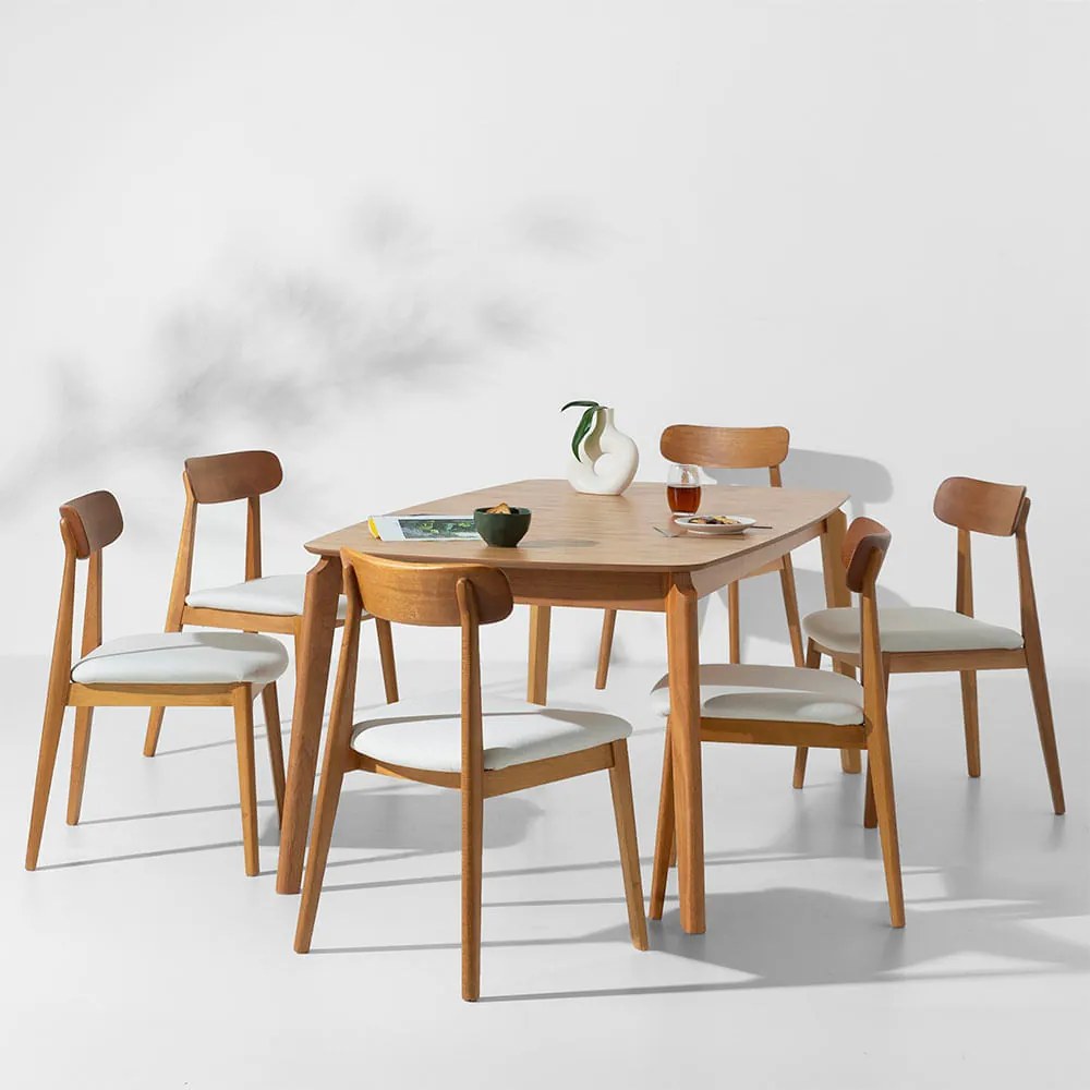 Conjunto Mesa de Jantar Lalá Retangular Carvalho Americano - 1,80mx1m + 6 Cadeiras Nord Madeira Texture - Off White