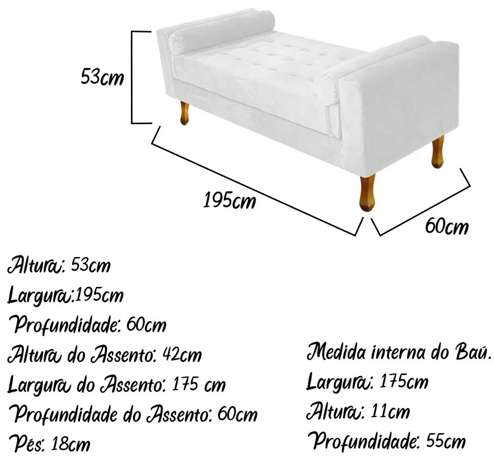 Recamier Baú Félix King Size 195cm Suede Branco - ADJ Decor