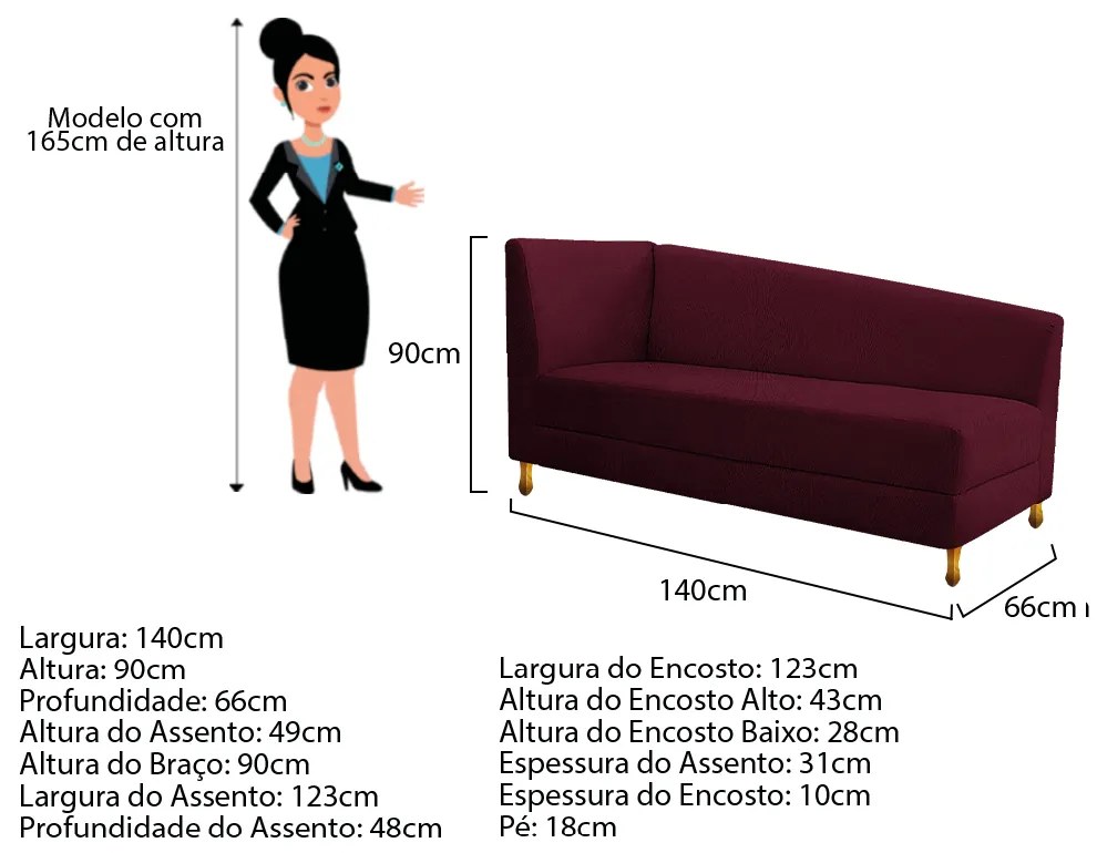 Recamier Valéria 140cm Lado Direito Suede Bordô - ADJ Decor