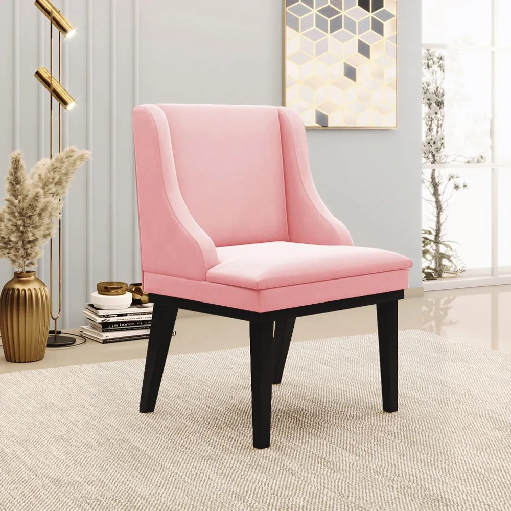 Poltrona Decorativa Base Fixa de Madeira Firenze Suede Rosa Bebê/Preto G19 - Gran Belo