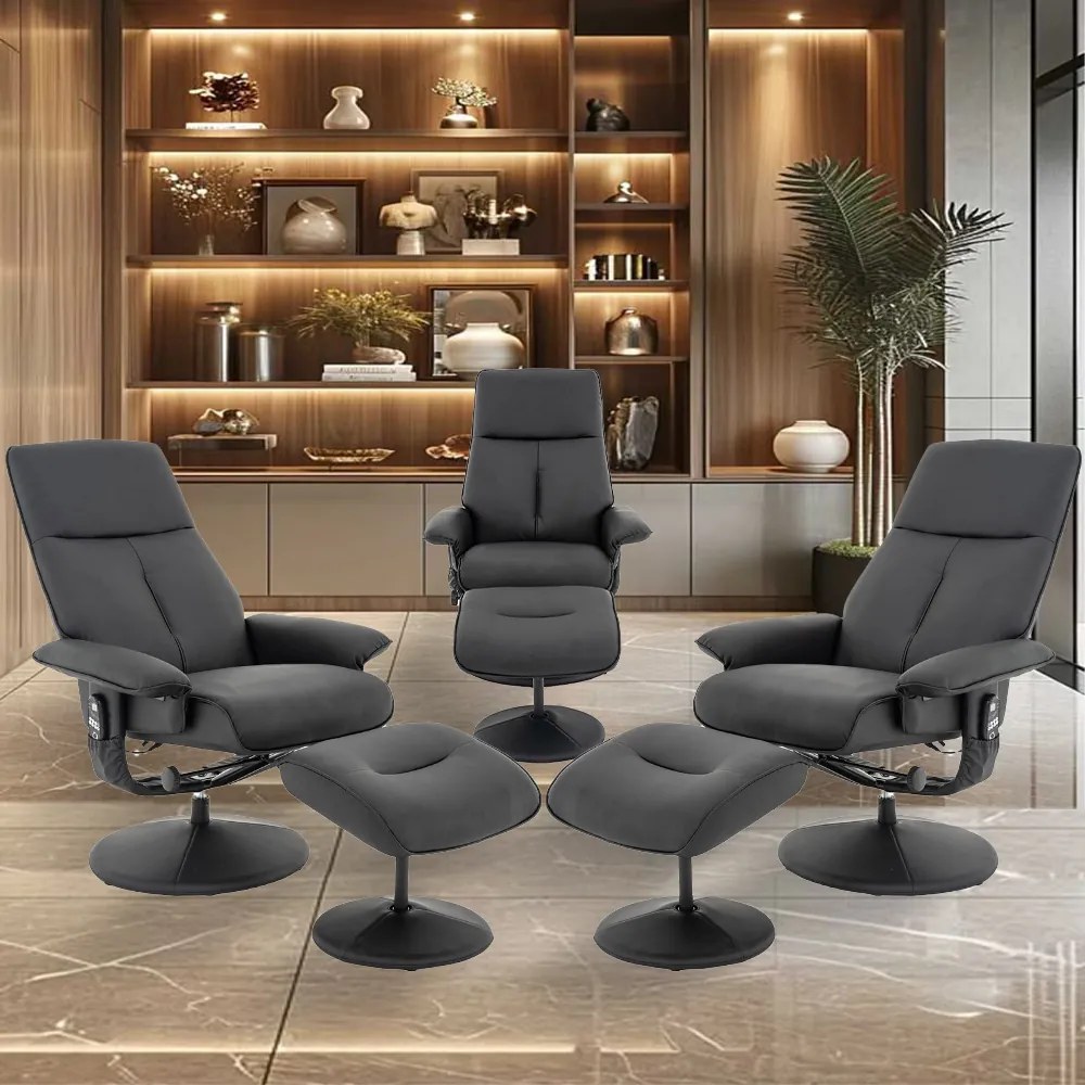 Kit 3 Poltronas do Papai Reclinável Elétrica Com Apoio de Pés Giratória e Massagem Nebraska PU Preto G56 - Rivatti