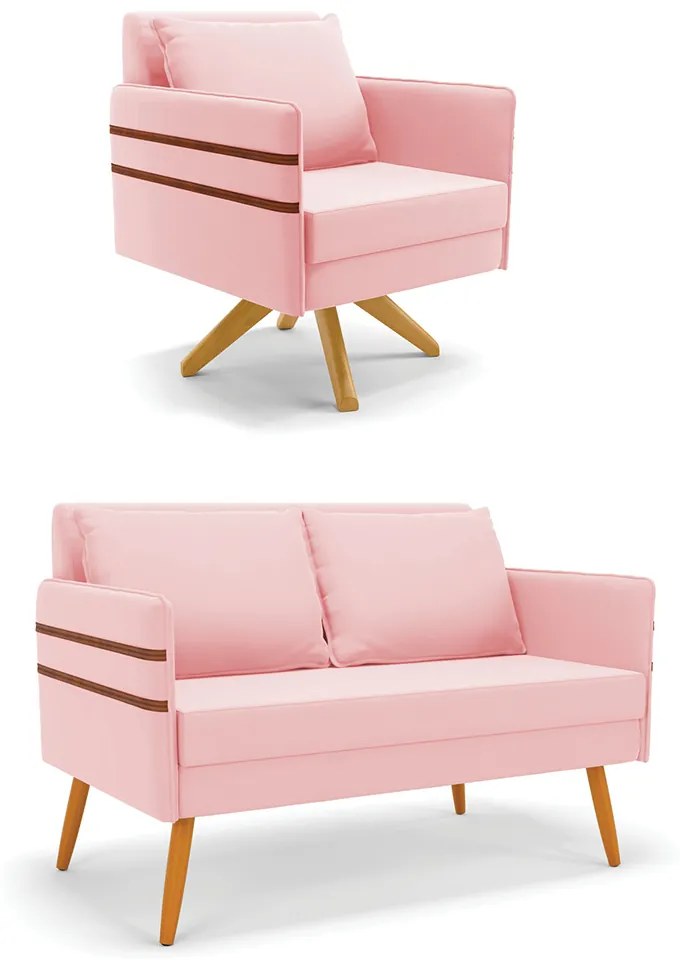 Kit 01 Namoradeira 02 Lugares e 01 Poltrona Mari Suede Base de Madeira MA30 - D'Rossi - Rosa Bebê
