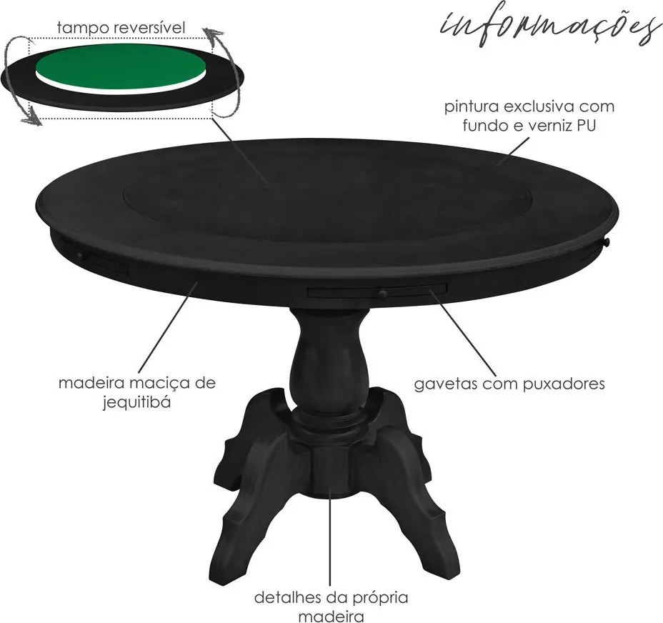 Mesa de Jogos Carteado Redonda Montreal 6 Lugares Tampo Reversível com Gavetas e Porta Copos Preto Fosco G36 - Gran Belo