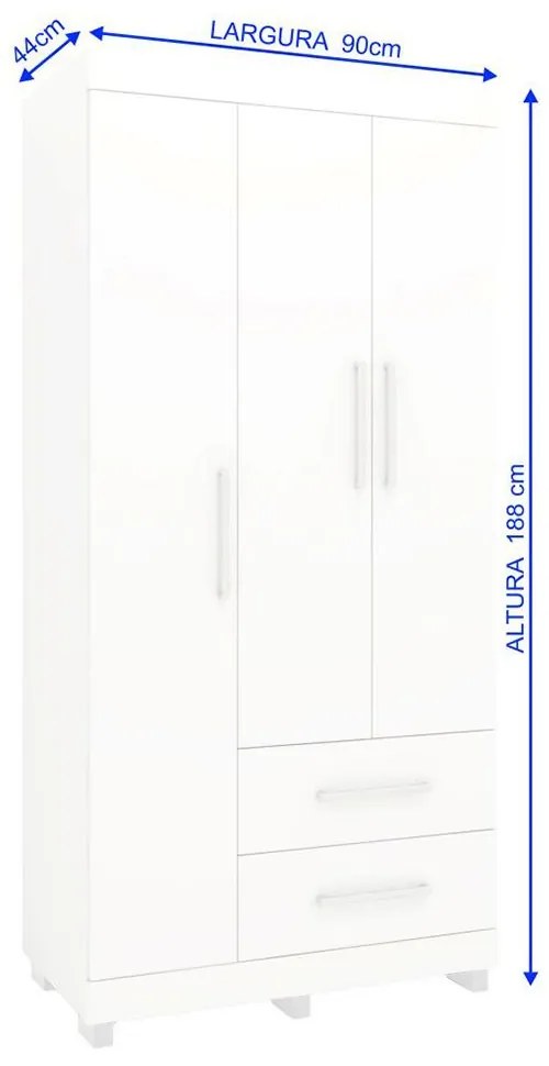 Roupeiro Guarda Roupa 3 Portas Prateleiras 2 Gavetas Branco