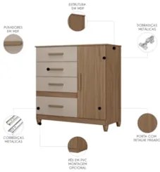 Cômoda Para Quarto 98cm Com 4 Gavetas Baco Carvalho/Fendi Z17 - Mpozen