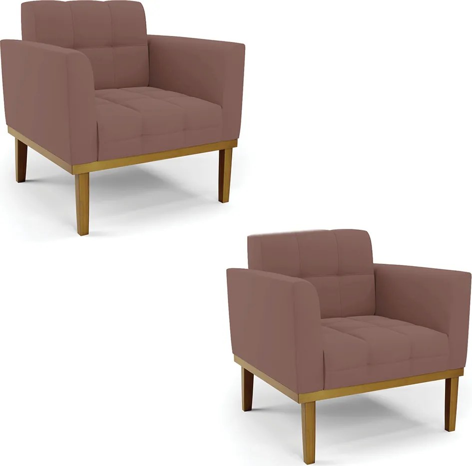 Kit 2 Poltronas Decorativas Karen Pés Fixo em Madeira Castanho Veludo Rose G19 - Gran Belo