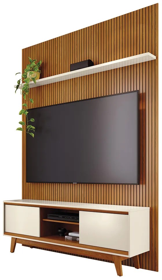 Painel TV 65 Pol 179cm Ripado Valen e Rack Bancada Mylan Cinamomo/Off White M20 - D'Rossi