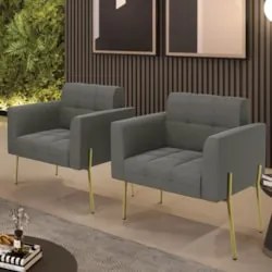 Poltrona Para Sala Pé Metal Dourado Kit 2 Ana Suede Grafite - Ibiza