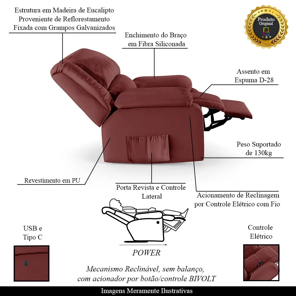 Poltrona do Papai Reclinável Sala de Cinema Madrid Controle Power Elétrico USB PU Vermelho G23