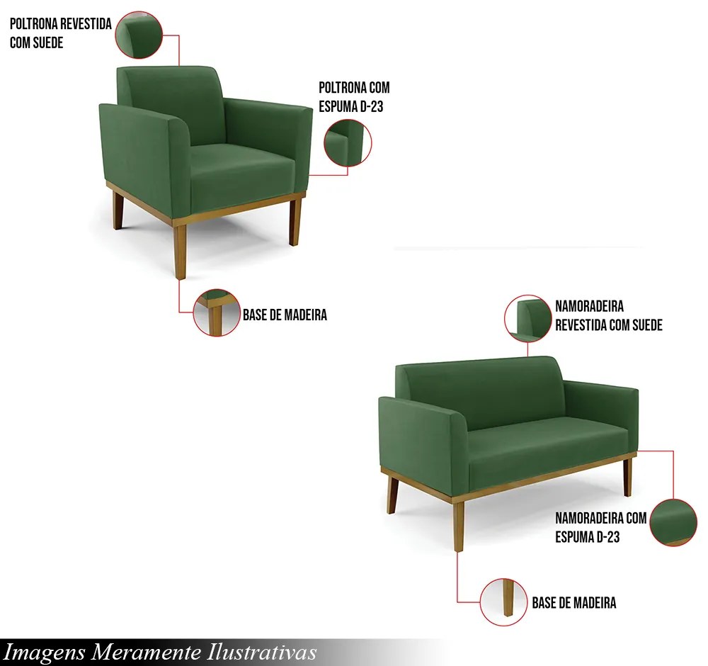 Conjunto 2 Poltronas e 1 Namoradeira Decorativa Isabella Pés Fixo em Madeira Castanho Suede Verde G19 - Gran Belo