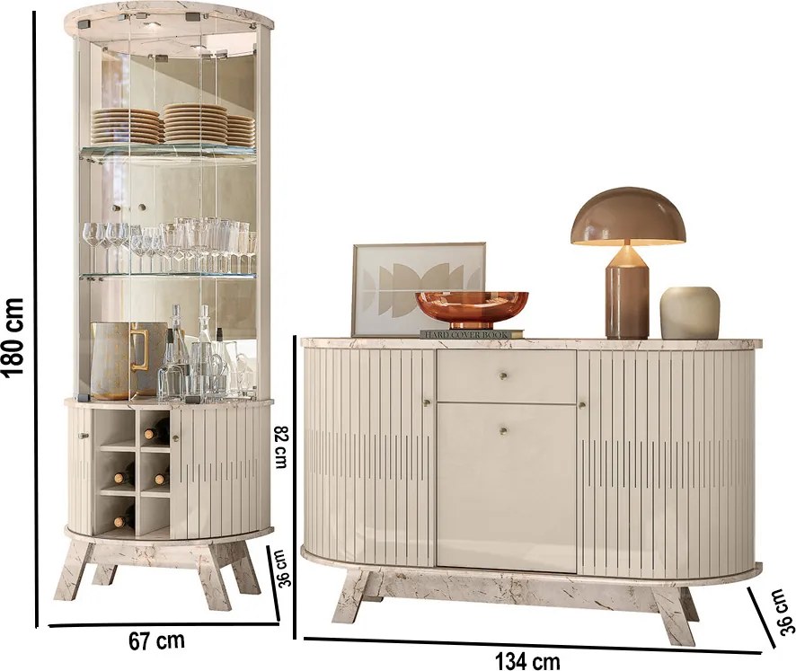 Cristaleira de Vidro Ravion e Balcão Aparador Buffet Sala Wylan M20 - D'Rossi - Calacata(brilho)/Off White(brilho)