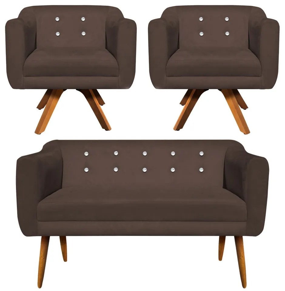 Kit 01 Namoradeira 02 Lugares e 02 Poltronas Giratória Julia Suede Marrom com Strass Base Madeira MM30 D'Rossi