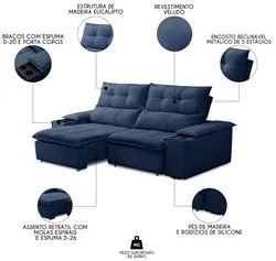Sofá Retrátil 3 Lugares com Porta Copo 210cm Malta F05 Veludo Azul - M