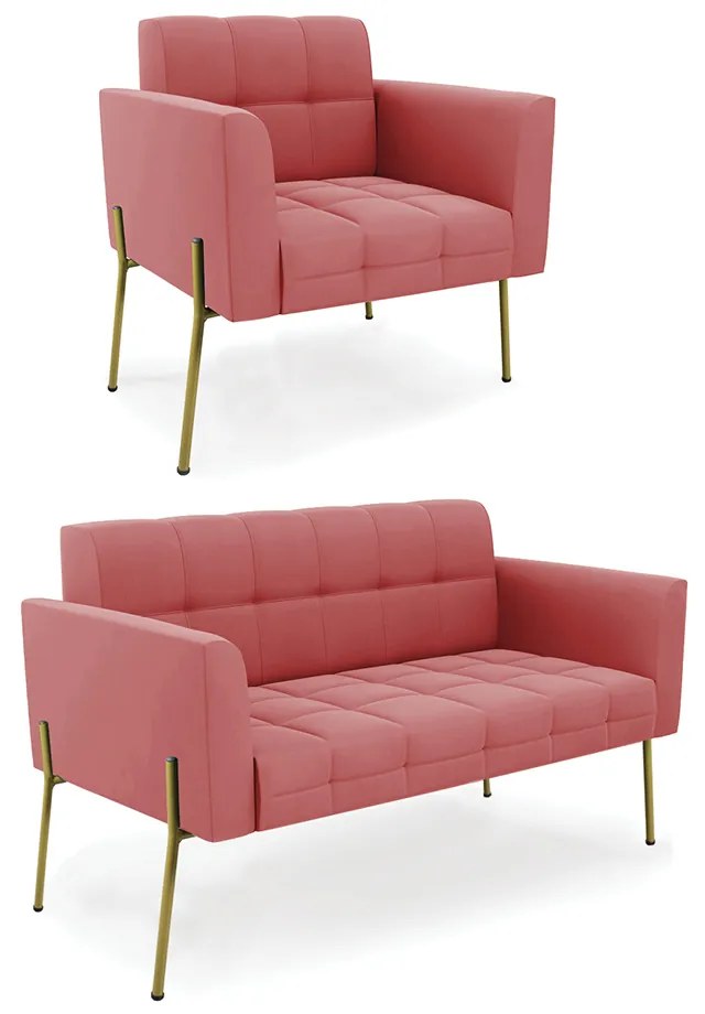 Sofá Namoradeira e Poltrona Pé de Ferro Dourado Elisa Suede D03 - D'Rossi - Rose