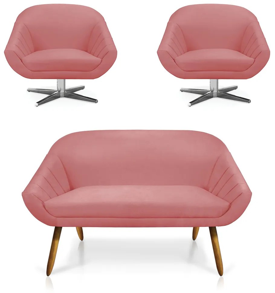 Kit 01 Namoradeira 02 Lugares e 02 Poltronas Giratória Giovana Suede Base Cromada - D'Rossi - Rose