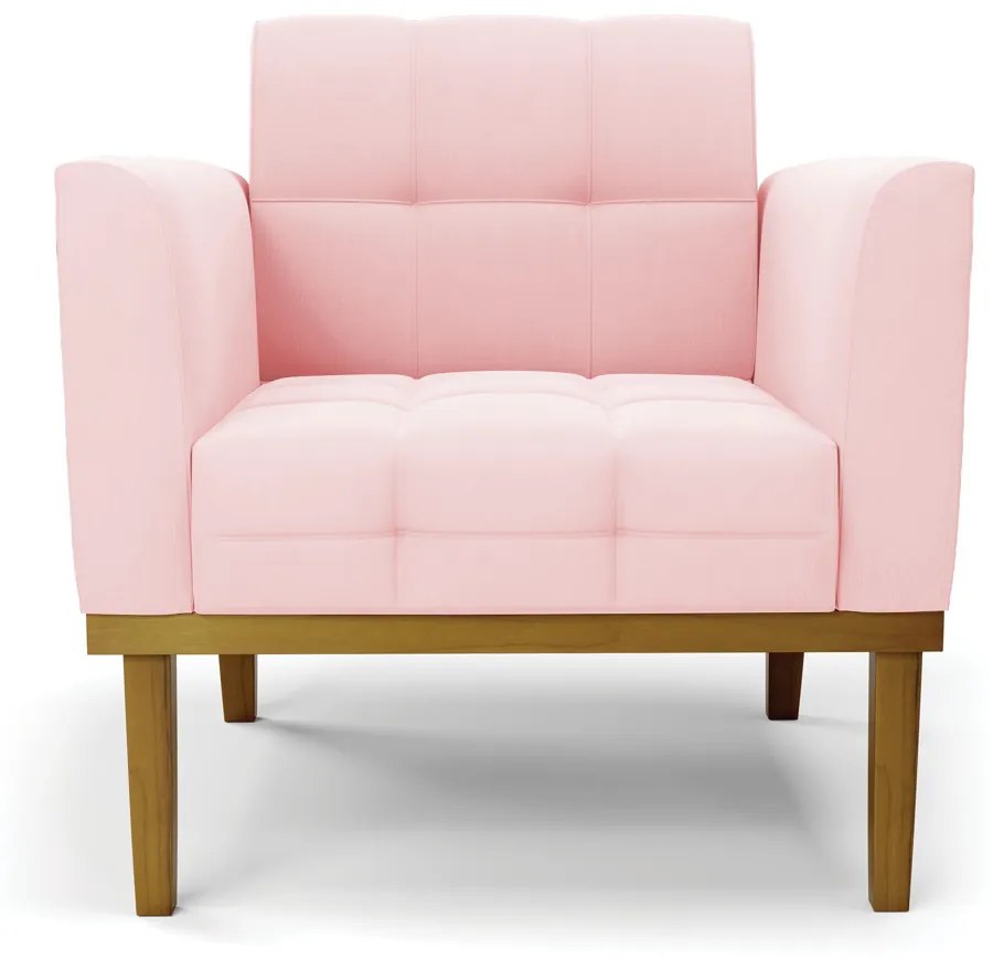 Poltrona Sala Decorativa Kit 2 Elisa Base de Madeira Castanho Suede D03 - D'Rossi - Rosa Bebê