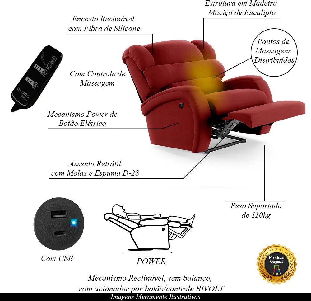 Poltrona do Papai Sala de Cinema Reclinável Kylie Power Elétrica Massagem USB Veludo Vermelho G23