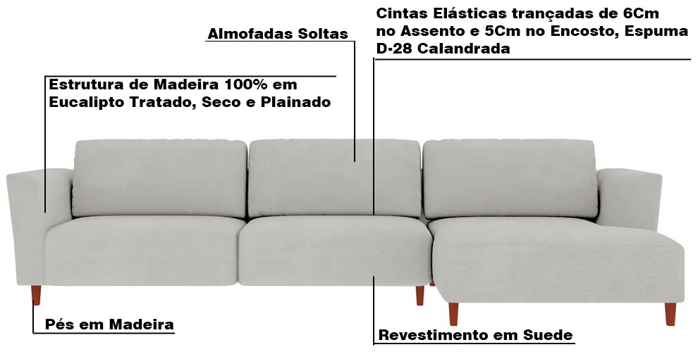 Sofá 330cm com Chaise Direita Franz Suede Cinza G52 - Gran Belo