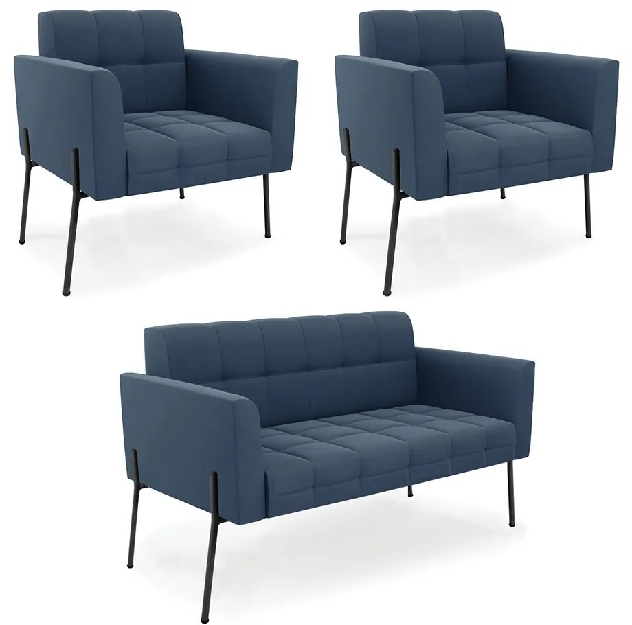 Sofá Namoradeira e 2 Poltronas Pé de Ferro Preto Elisa Suede D03 - D'Rossi - Azul Marinho