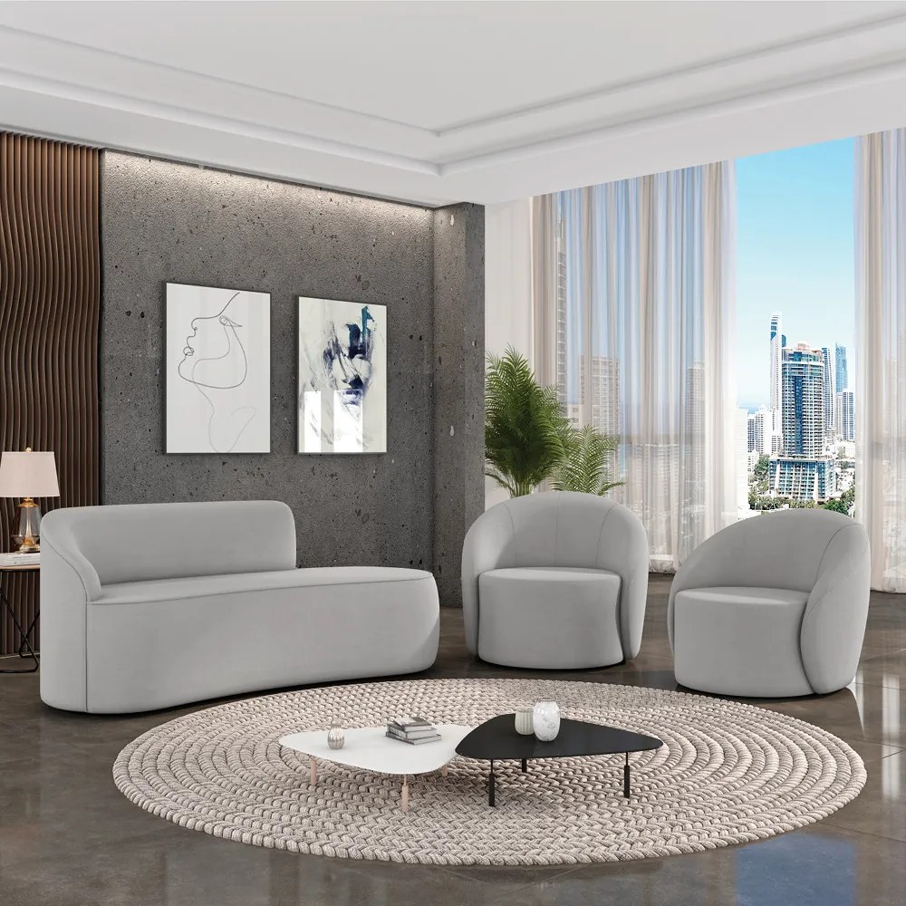 Sofá 2 Lugares Orgânico 140cm Morgan e 2 Poltronas Lua Suede D03 - D'Rossi - Cinza