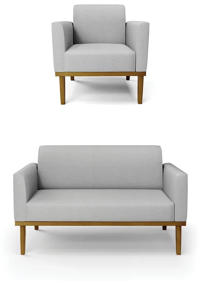 Conjunto Poltrona e Namoradeira Decorativa Isabella Pés Fixo em Madeira Castanho Linho Cinza G19 - Gran Belo