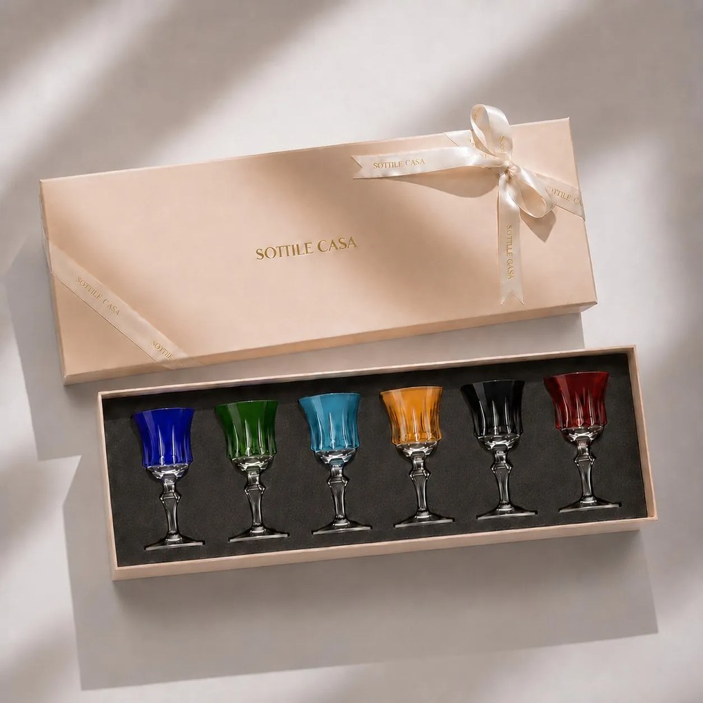 Kit 6 Taças Coloridas de Cristal Lapidado 66 p/ Licor c/ Caixa de Presente - KT07 KT07