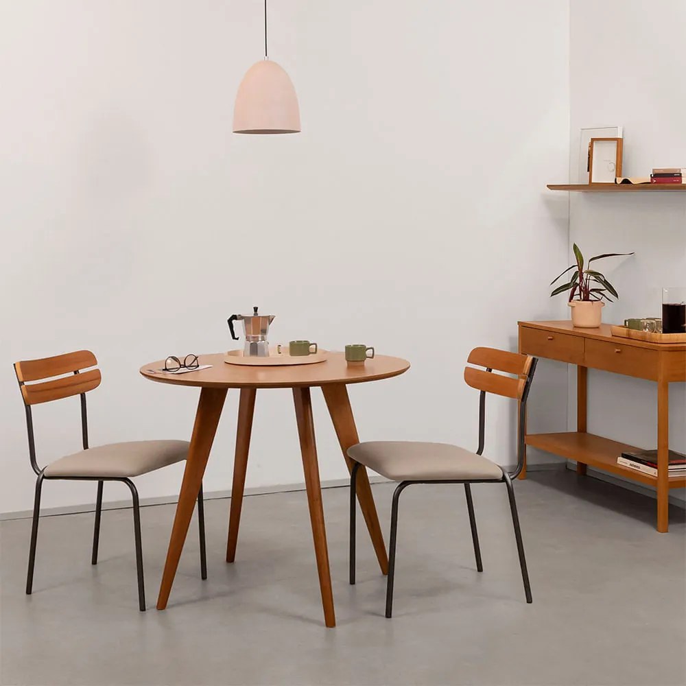Conjunto Mesa de Jantar Square Laminada Redonda Natural - 88cm + 2 Cadeiras Ribs - Sarja Deserto