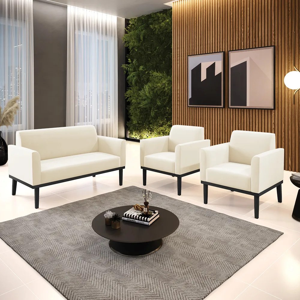 Sofá Namoradeira com 2 Poltronas Base de Madeira Fixa Preto Marisa Veludo - Bege