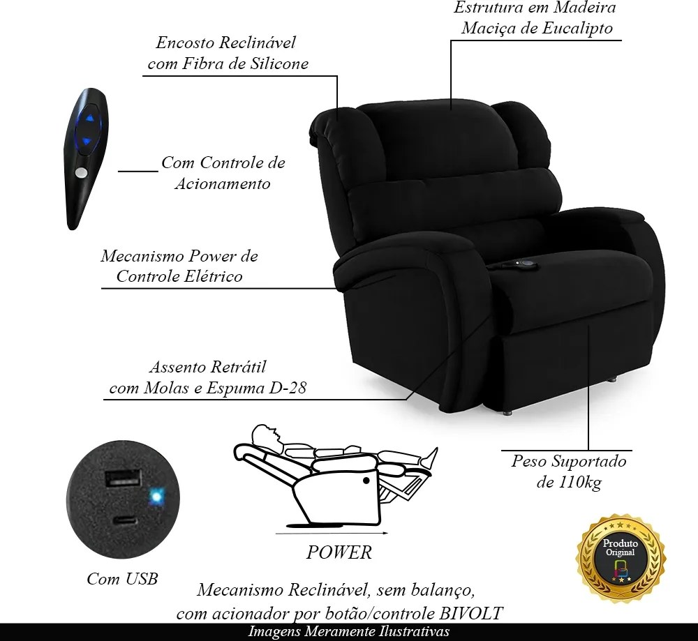 Poltrona do Papai Sala de Cinema Reclinável Kylie Controle Power Elétrico USB Veludo Preto G23