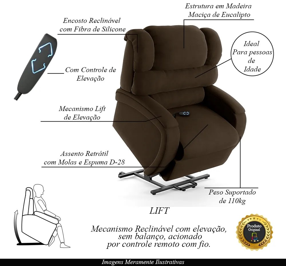 Poltrona do Papai Sala de Cinema Reclinável Kylie Elevação Lift Elétrico Veludo Marrom G23