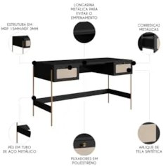 Mesa Escrivaninha Home Office Pé Metal Arlo A10 Nero/Dourado - Mpozena
