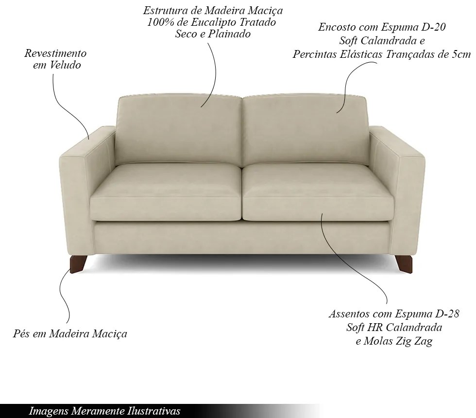 Sofá Sala de Estar Living 3 Lugares 260cm Presley Pés Madeira Veludo Bege G52 - Gran Belo