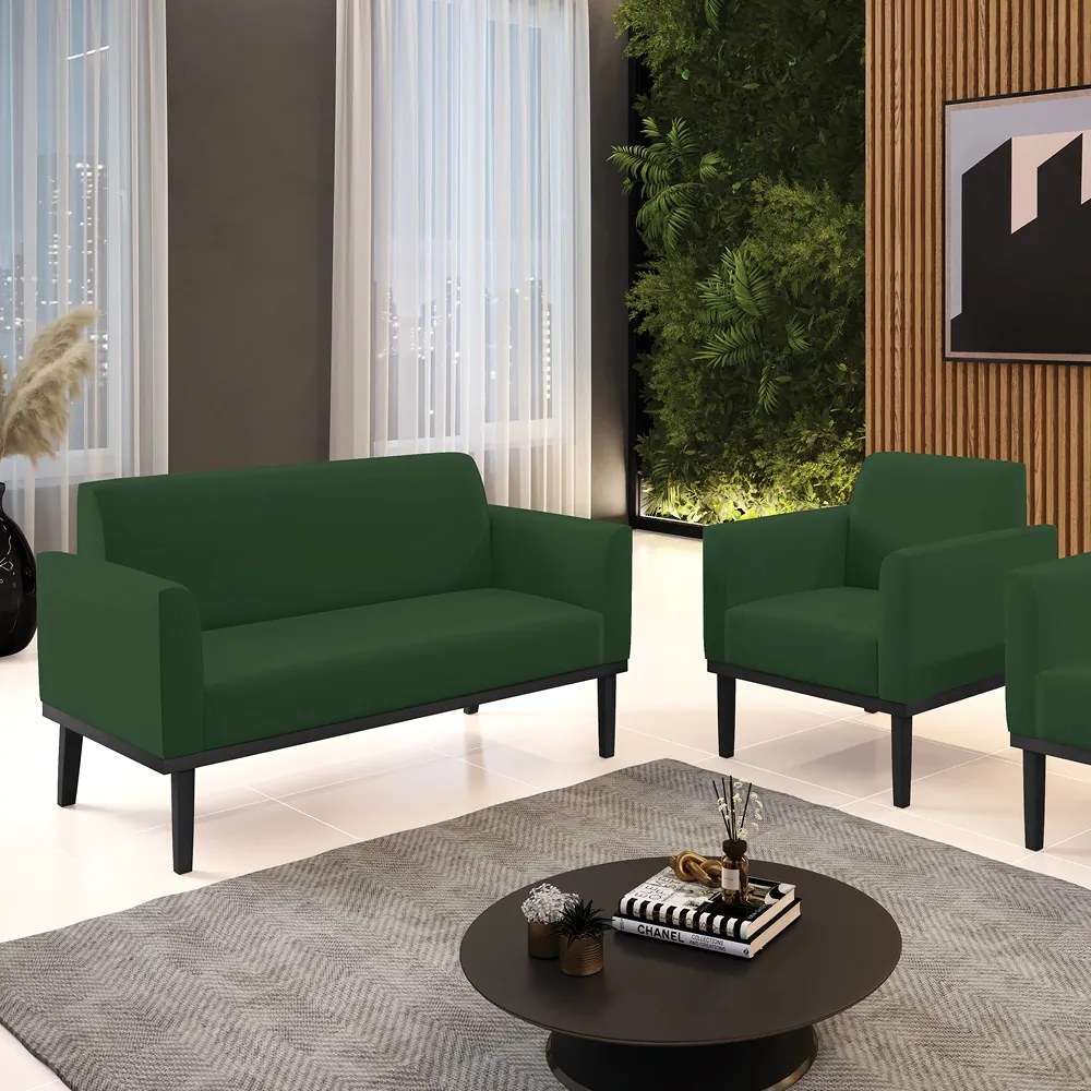 Conjunto Poltrona e Namoradeira Decorativa Isabella Pés Fixo em Madeira Preto Veludo Verde Esmeralda G19 - Gran Belo