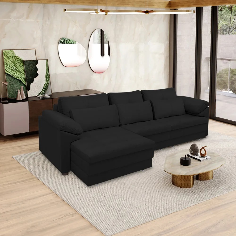 Sofá Retrátil Manual Sala de Estar Nolan Bipartido 297cm Conforto Premium em Couro Preto G58 - Gran Belo