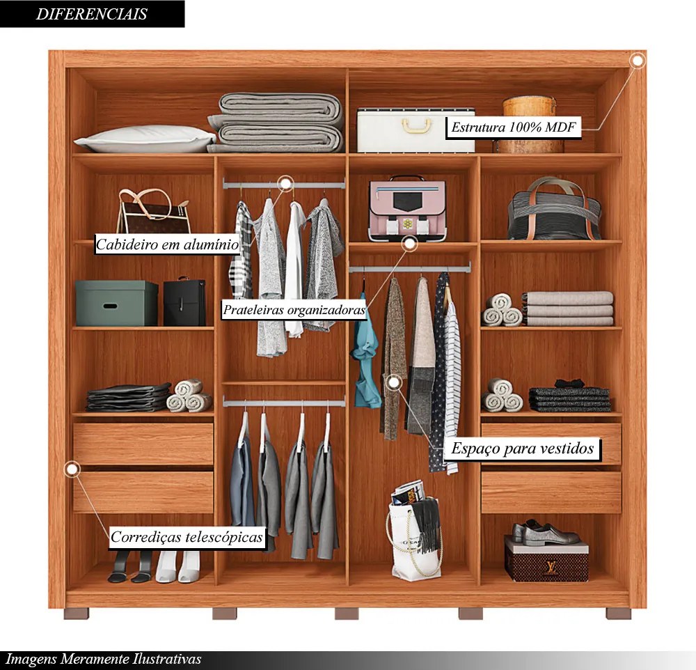 Guarda Roupa Lorian 245cm 2 Portas de Correr com Espelhos e 4 Gavetas em MDF Freijo/OffWhite G11 - Gran Belo