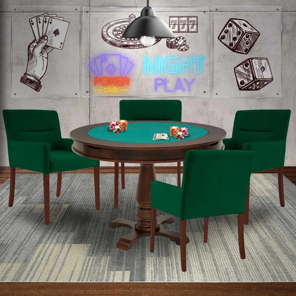 Mesa de Jogos Carteado Victoria Redonda Tampo Reversível Imbuia com 4 Cadeiras Vicenza Verde G36 G15 - Gran Belo