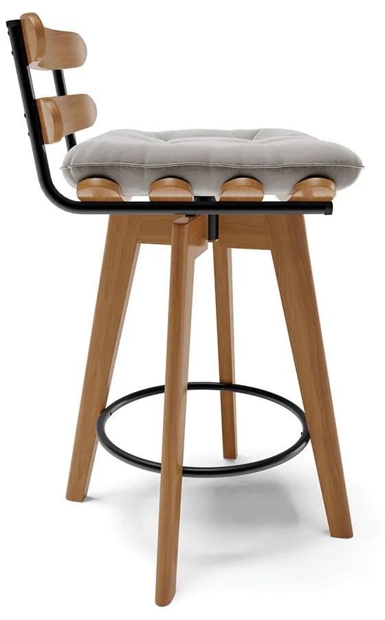 kit 02 Banquetas Giratória Costela Veludo Cinza Base Madeira MA70 - DRossi