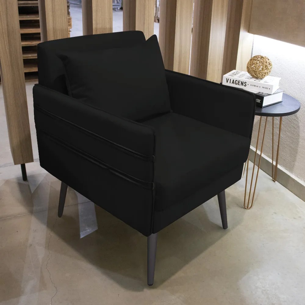 Kit 02 Poltronas Mari Suede Preto Pés Palito de Ferro Preto - D'Rossi
