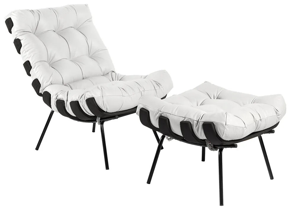 Poltrona e Puff Decorativos Sala de Estar Costela Base Preta Couro Branco G34 - Gran Belo