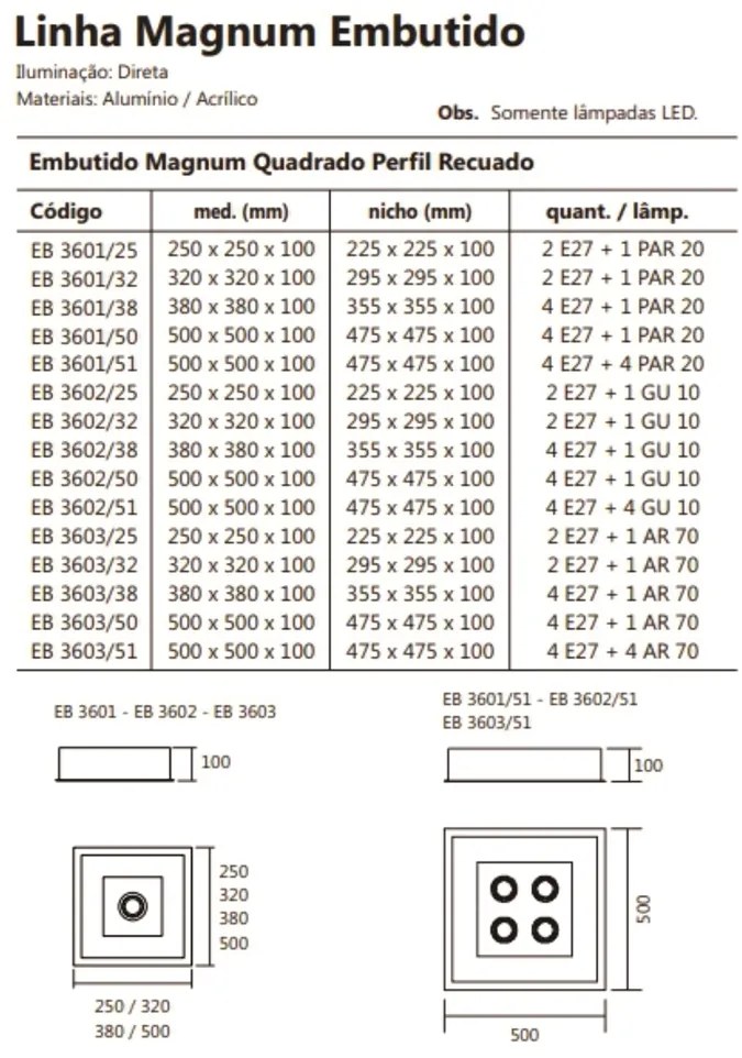 Luminária De Embutir Magnum Quadrado 25X25X10Cm 2L E27 + 01 Par20 | Us... (BT - Branco Texturizado)