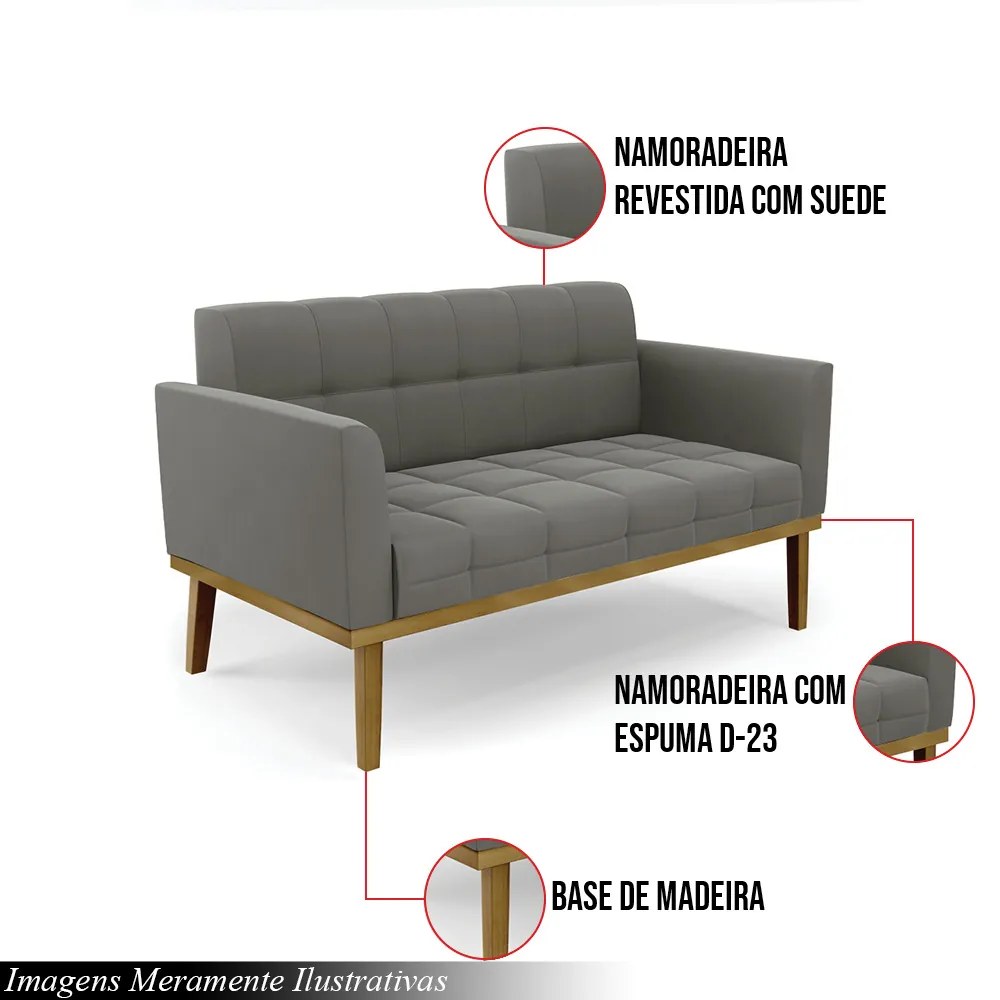 Poltrona Namoradeira Decorativa Karen Pés Fixo em Madeira Castanho Suede Grafite G19 - Gran Belo