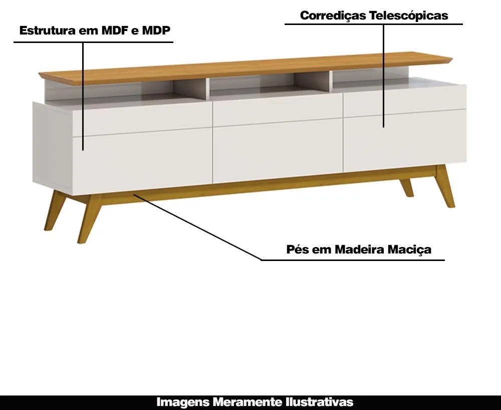 Rack Bancada 3 Gavetas com Nicho 218cm Amy Off White/Nature G29 - Gran Belo