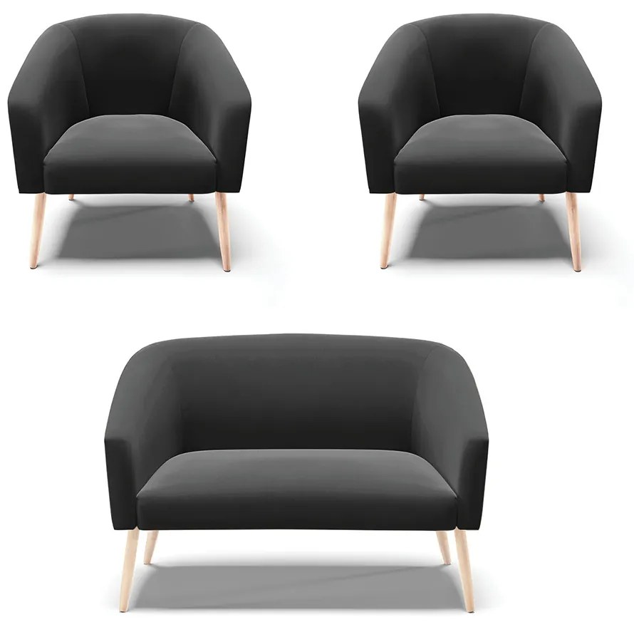 Namoradeira e 2 Poltronas Pé Palito Natural Stella Suede D03 - D'Rossi - Preto