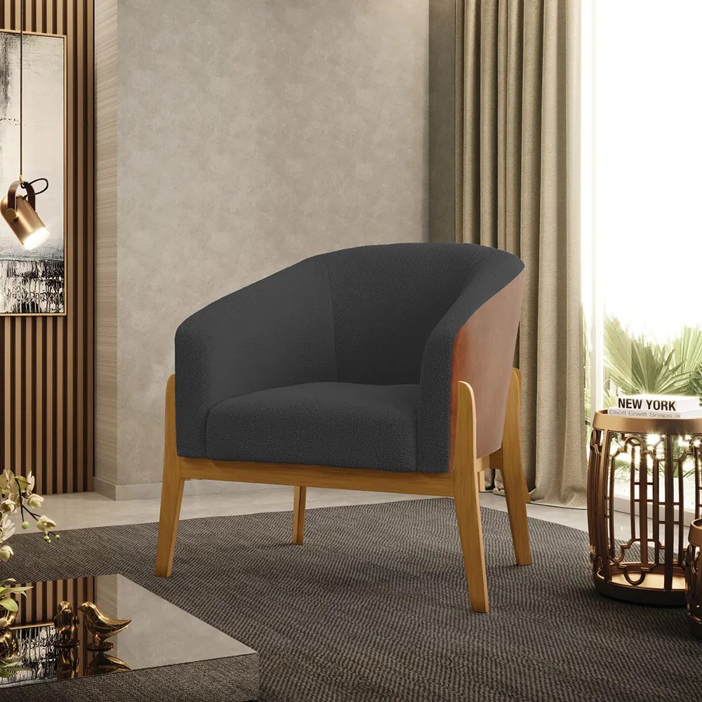Poltrona Decorativa Base Madeira Stella PU Nozes/Bouclê D03 - D'Rossi - Grafite