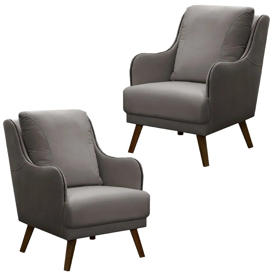 Kit 2 Poltronas Decorativas Catar com Tachas Suede Cinza G33 - Gran Belo