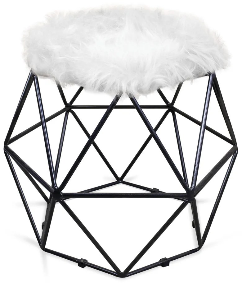 Puff Aramado Hexágono Decorativo Industrial Preto com Pelúcia Branco D03 - D'Rossi